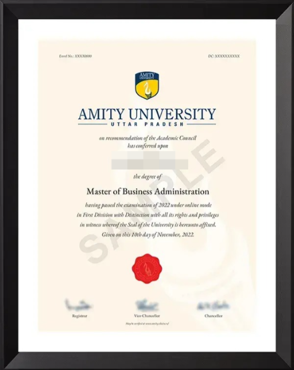 Amity University Online sample degree certificate