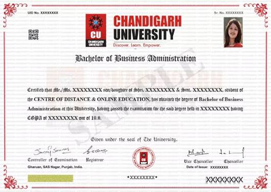 Chandigarh University Online sample degree certificate