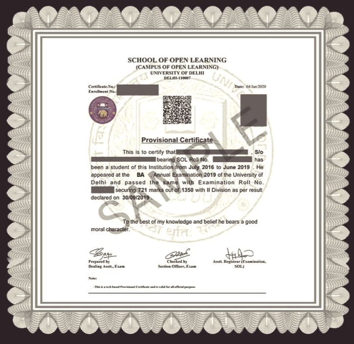 University of Delhi – School of Open Learning sample degree certificate