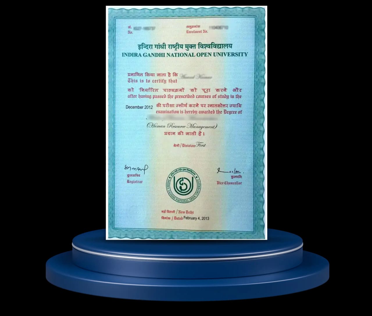 Indira Gandhi National Open University sample degree certificate