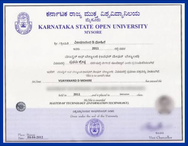 Karnataka State Open University (KSOU), Mysuru sample degree certificate