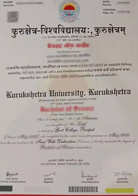 Kurukshetra University (CDOE) sample degree certificate
