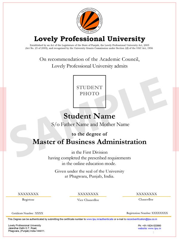 Lovely Professional University Online sample degree certificate
