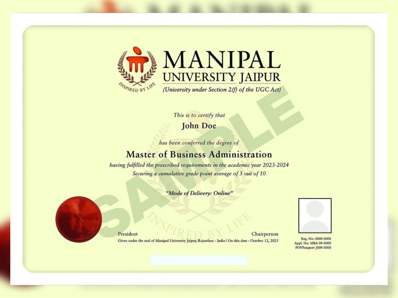 Manipal University Jaipur / Online Manipal sample degree certificate