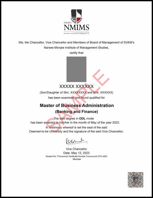NMIMS CDOE / NMIMS Online sample degree certificate