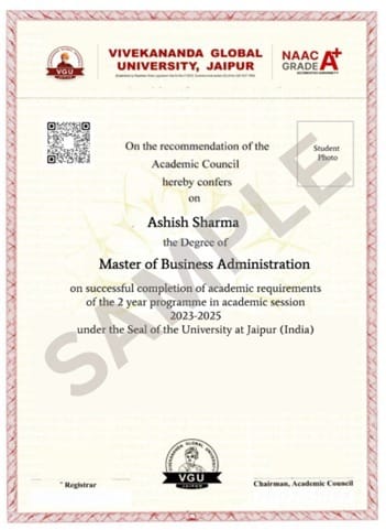 Vivekananda Global University sample degree certificate