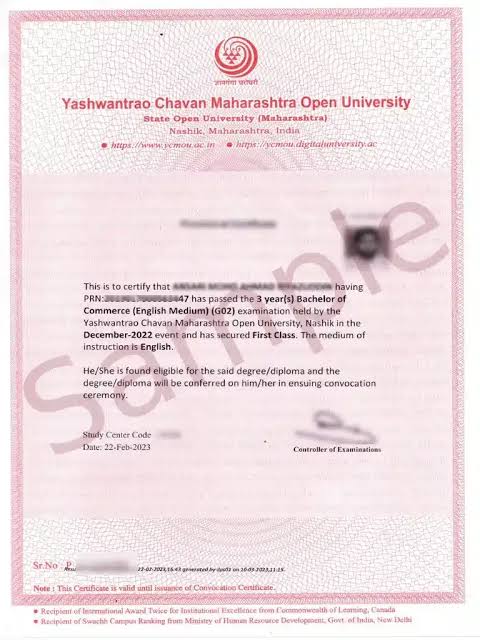 Yashwantrao Chavan Maharashtra Open University sample degree certificate